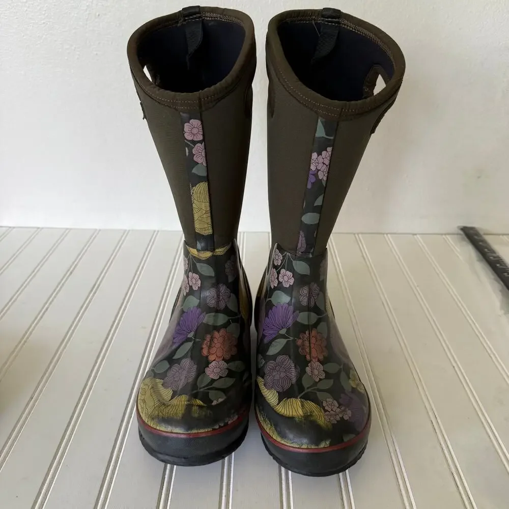 BOGS Classic High Floral Waterproof Rain Boots Women’s Size 8 Olive Green
